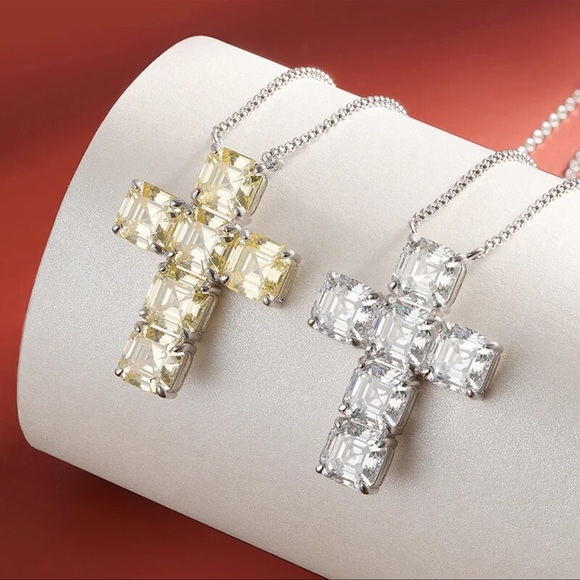 Simulated Diamond Cross 925 Silver Necklace - Picture 10 of 10